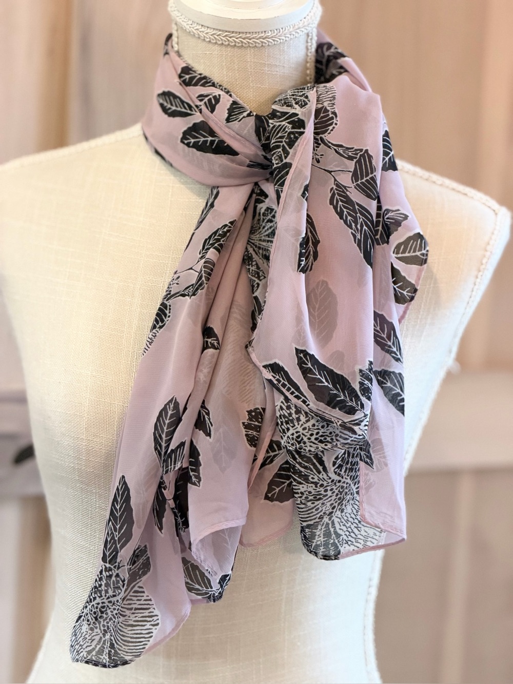 Cato Floral Chiffon Scarf. Botanical Pinky Lavender w/ Black Leaf 41”x41”.
